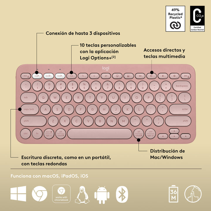 Wireless Keyboard Logitech K380s Pink Spanish Qwerty-1