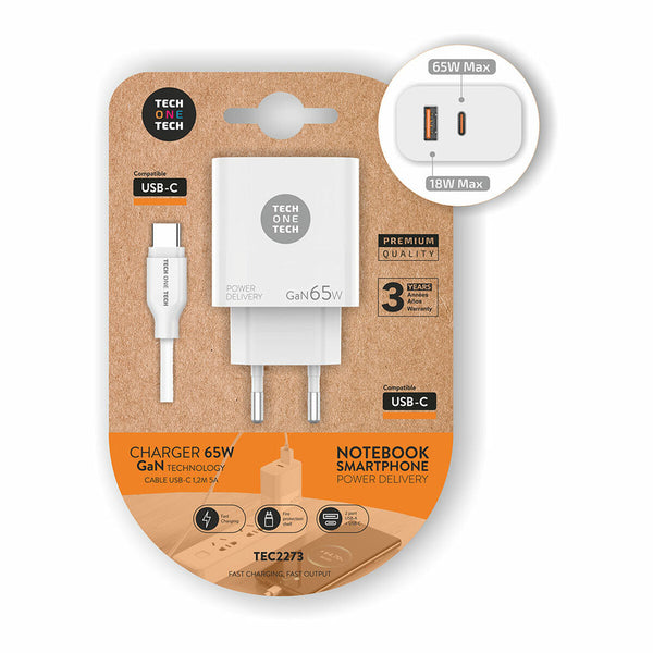 Wall Charger + USB-C Cable Tech One Tech TEC2273 White 65 W-0